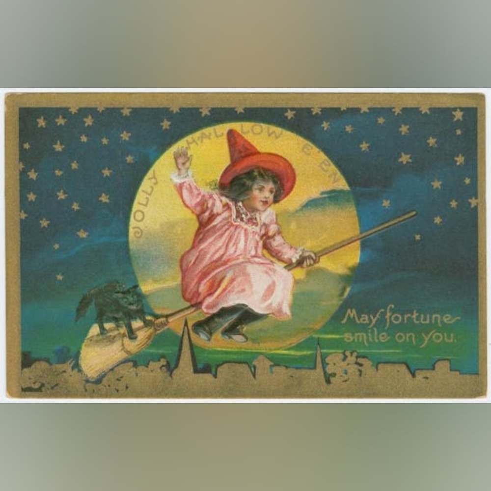 Vintage Halloween Art Print with Witch and Moon